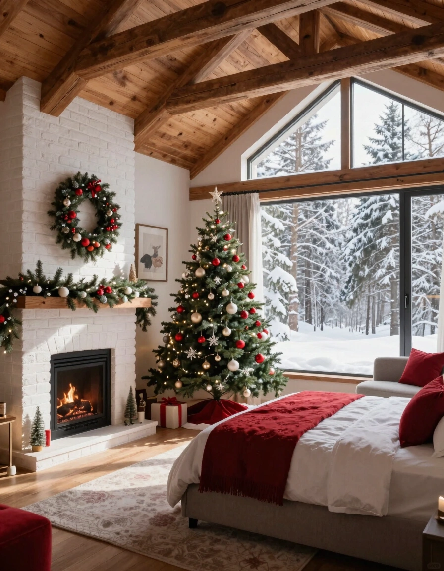 A cozy bedroom with a fireplace, Christmas tree, and large window showing a snowy forest.