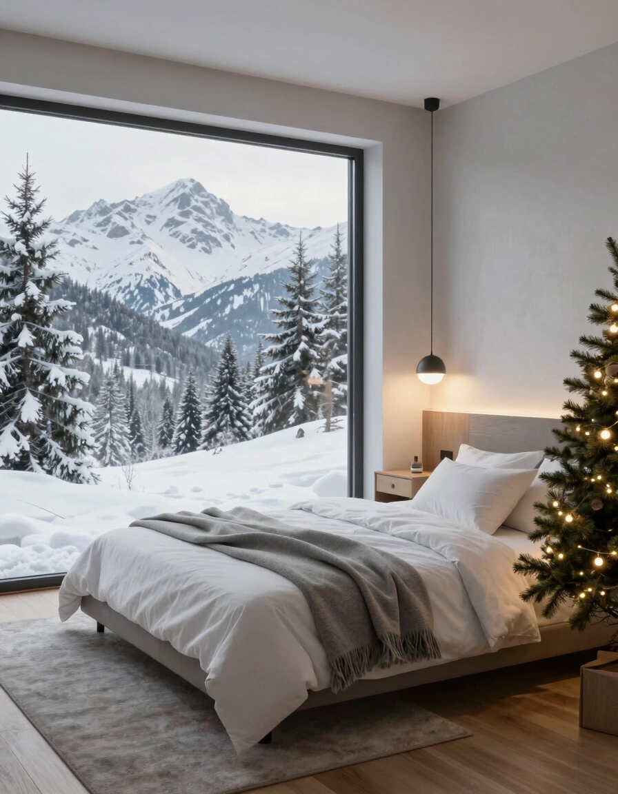 A cozy bedroom with a large window showing snowy mountains and trees, a minimalist bed, and a small lit Christmas tree.