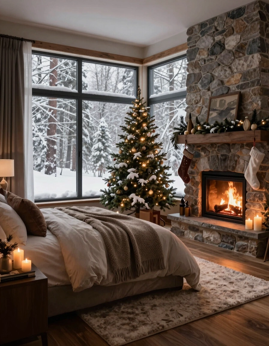 A peaceful winter bedroom scene with a fireplace, Christmas tree, and large windows showing a snowy forest, creating a cozy and inviting atmosphere.