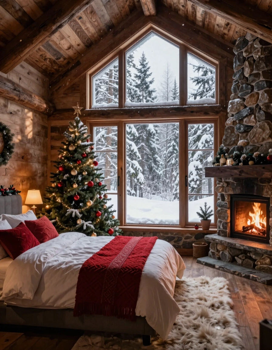 A peaceful winter bedroom with a large window, snow-covered trees outside, and a warm fireplace, decorated with a small Christmas tree and cozy red blanket.