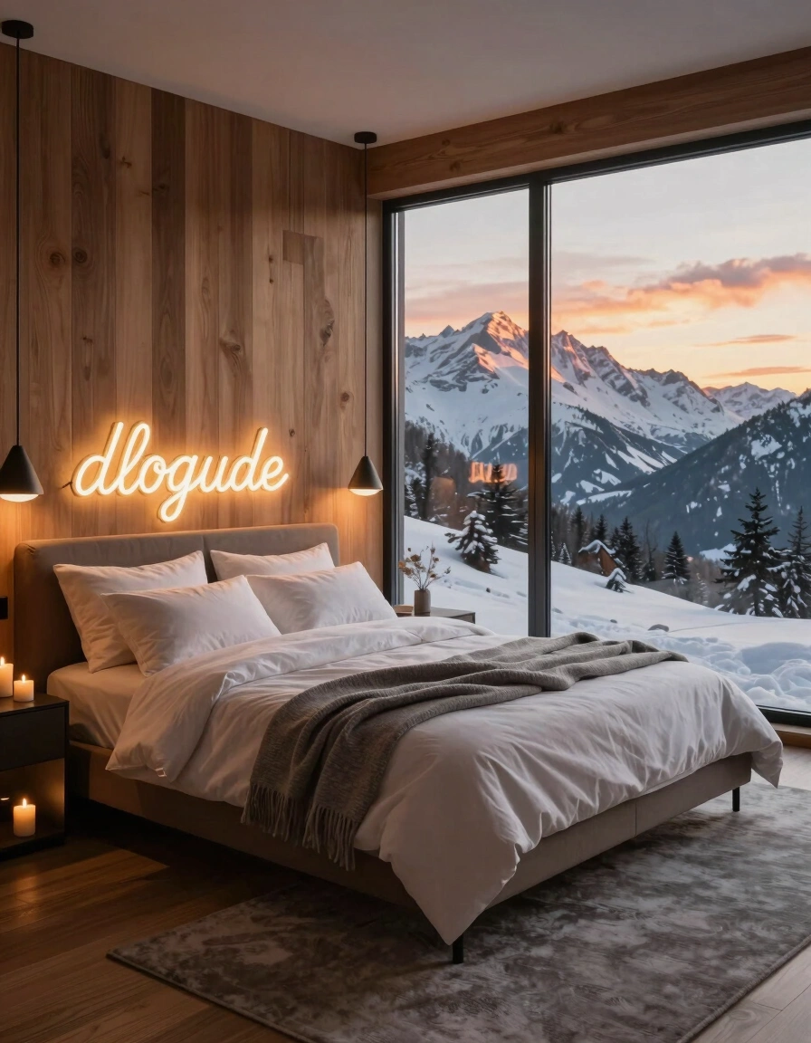 A peaceful bedroom with a large window showing snowy mountains at sunset, a modern bed with white bedding, and a neon sign above the headboard.