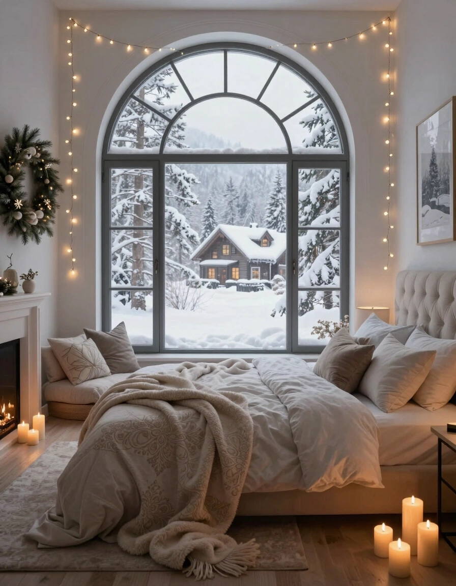 A peaceful winter bedroom with a large arched window, cozy bed, and soft lighting.
