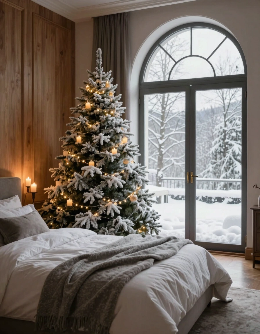 A cozy bedroom with a small Christmas tree, candles, and a large arched window showing a snowy scene outside.