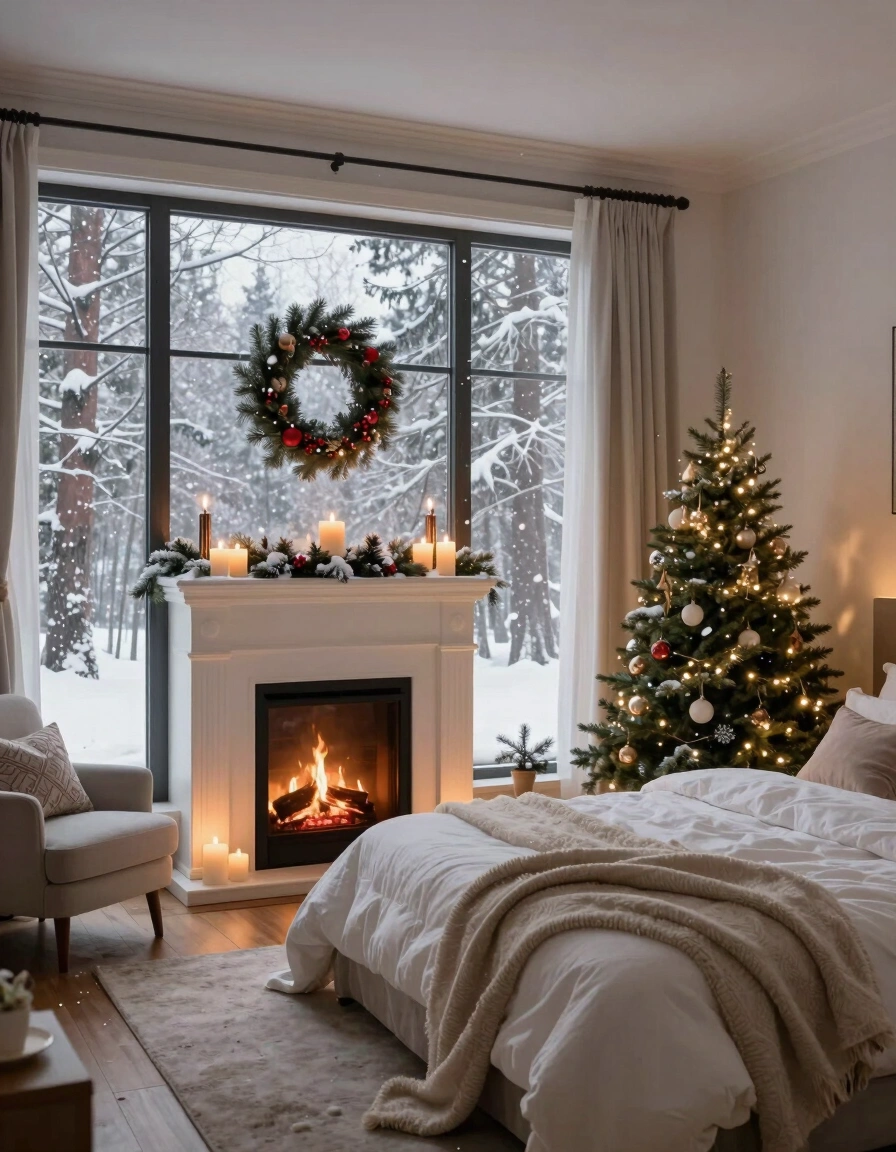 A peaceful winter bedroom with a large window, fireplace, and Christmas tree, creating a cozy atmosphere.