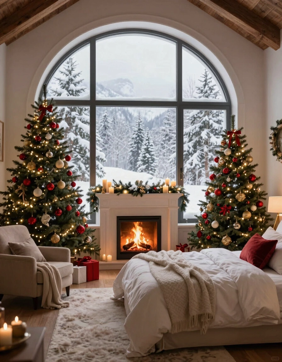 A cozy bedroom with a large arched window, three Christmas trees, a fireplace, and a comfortable bed, creating a warm and inviting atmosphere.