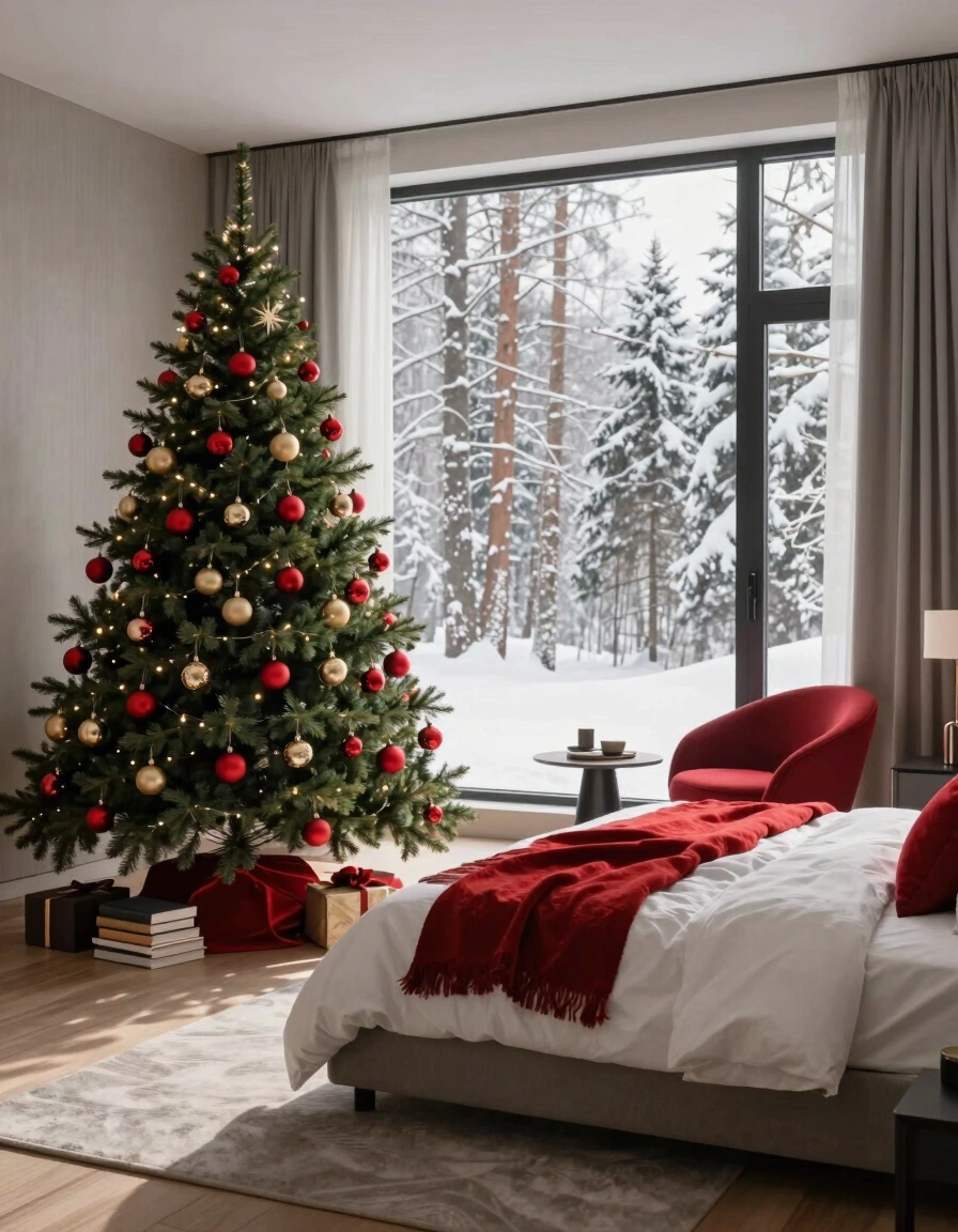 A modern bedroom with a Christmas tree, white bed, and red accents, surrounded by a snowy forest view.