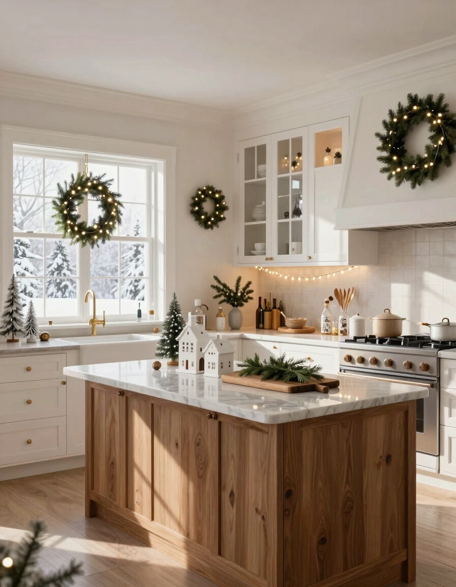A beautifully decorated winter kitchen with white cabinets, marble countertops, and Christmas decorations