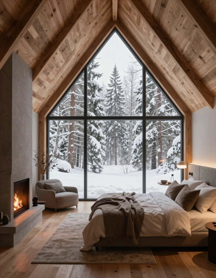 A serene bedroom with a vaulted wooden ceiling and a large triangular window overlooking a snow-covered forest.