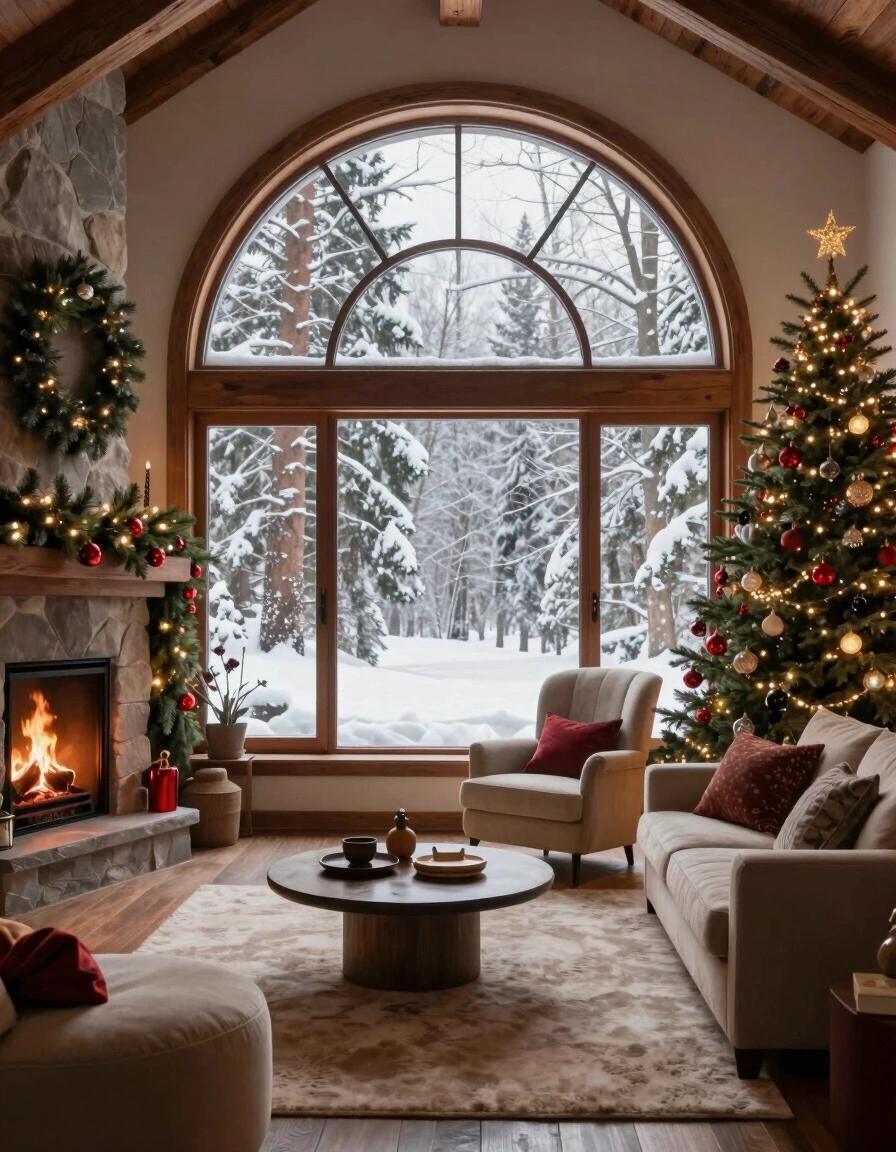 A cozy living room with a large arched window, fireplace, and Christmas tree, surrounded by a snowy forest outside.