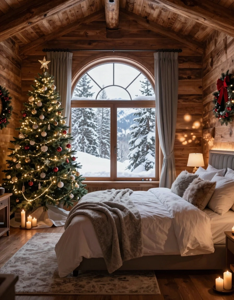 A peaceful winter bedroom scene with a large arched window, Christmas tree, and inviting bed.