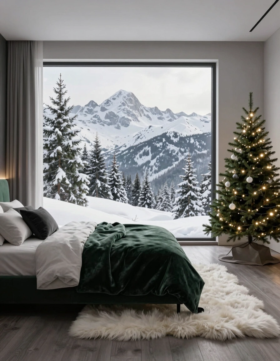 A modern bedroom with a large window showing snow-covered mountains and trees, a dark green bed, and a small lit Christmas tree.
