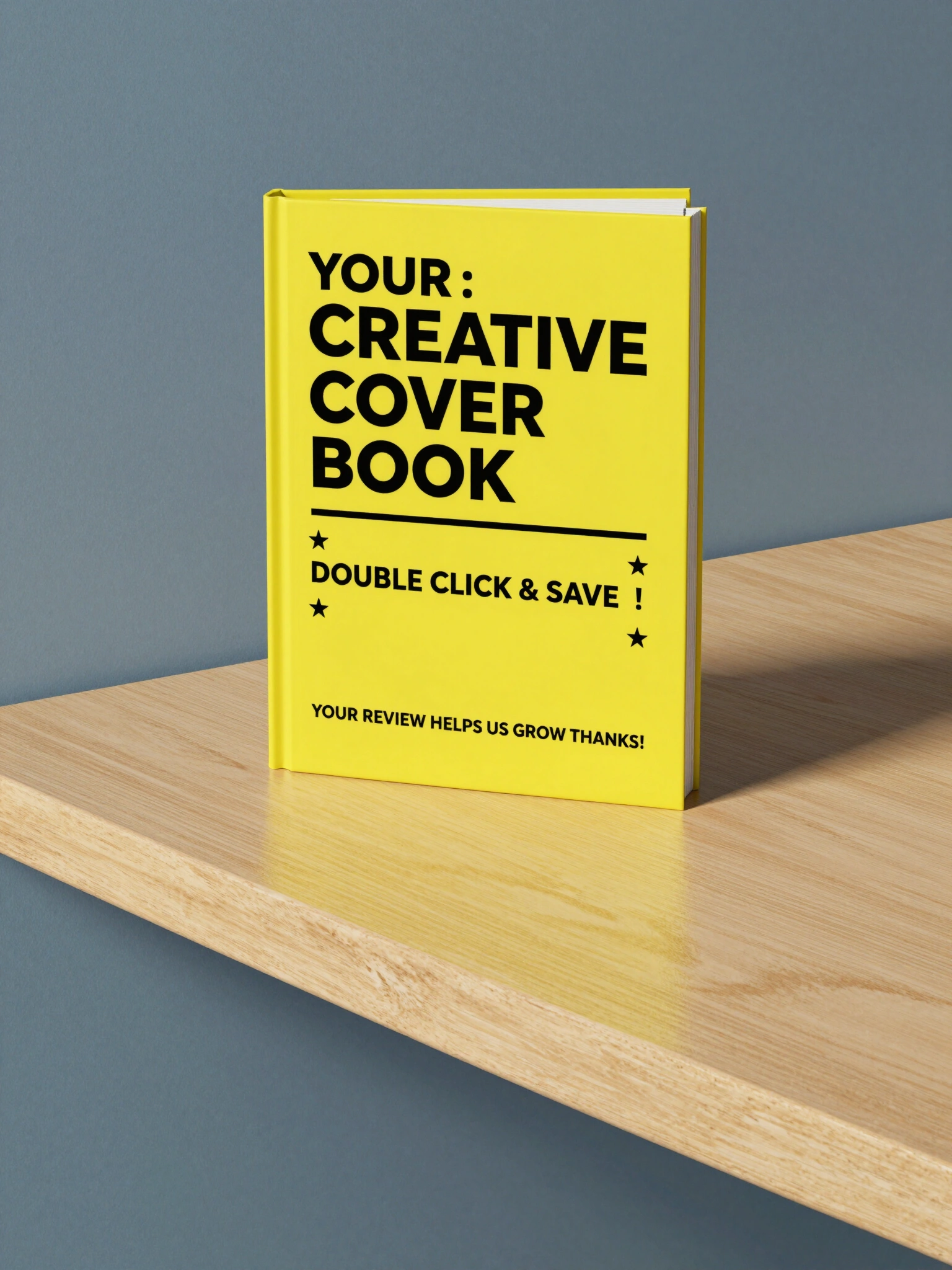 Yellow book with bold black title on a wooden table against a blue wall