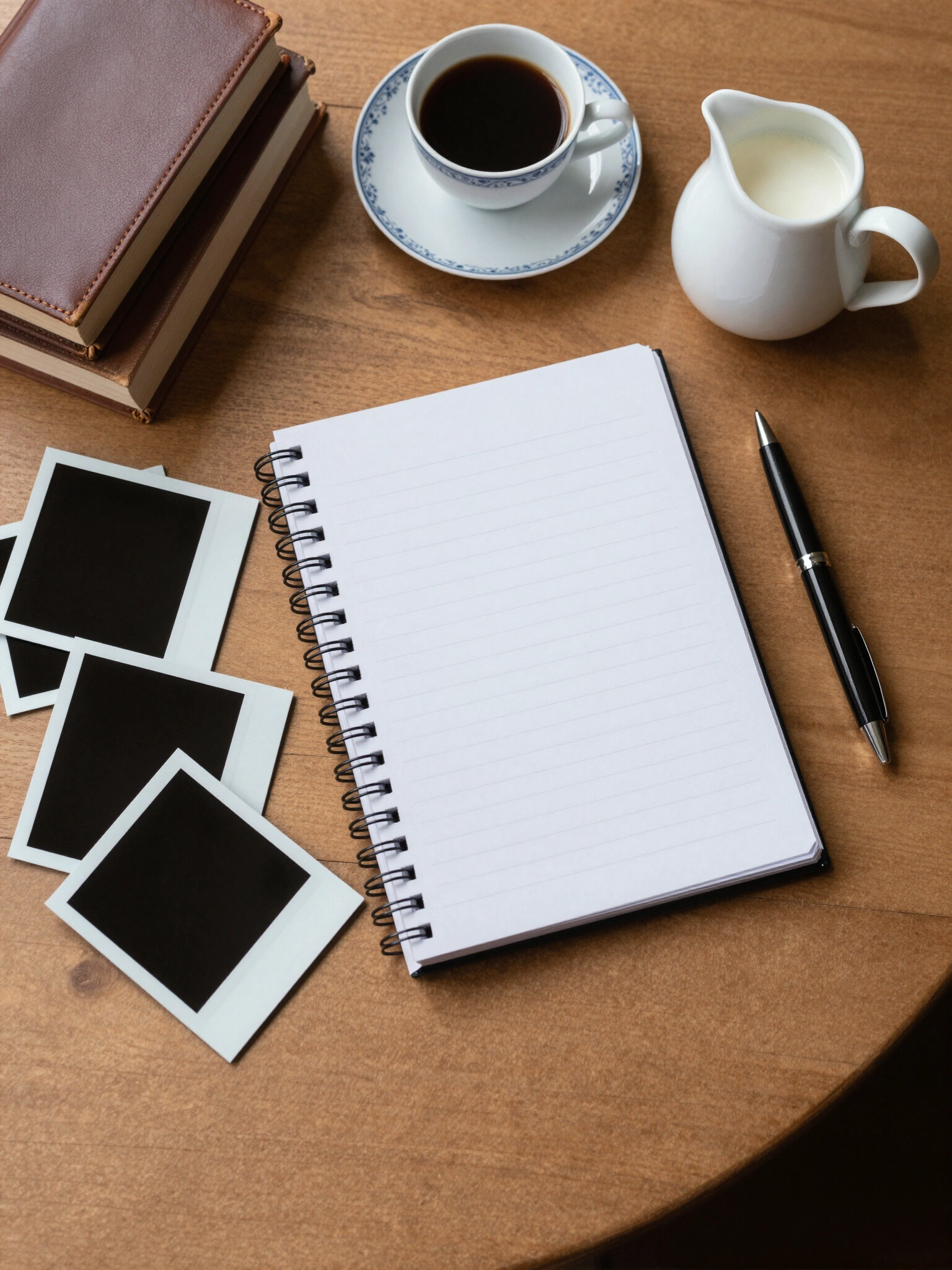 An open notebook on a wooden desk surrounded by books, coffee, and Polaroid photos