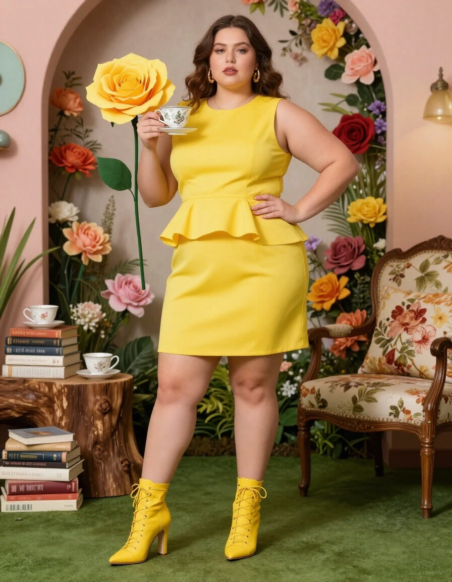 A plus-size model poses in a yellow dress with a peplum waist and strappy boots, holding a large yellow rose and teacup, against a colorful floral backdrop with books and tea party props.