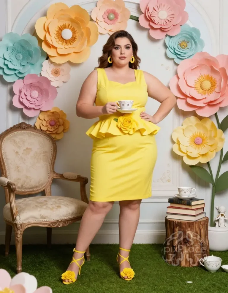 Plus-size model in yellow dress holding a giant yellow rose and teacup, standing in front of colorful flowers and antique furniture.