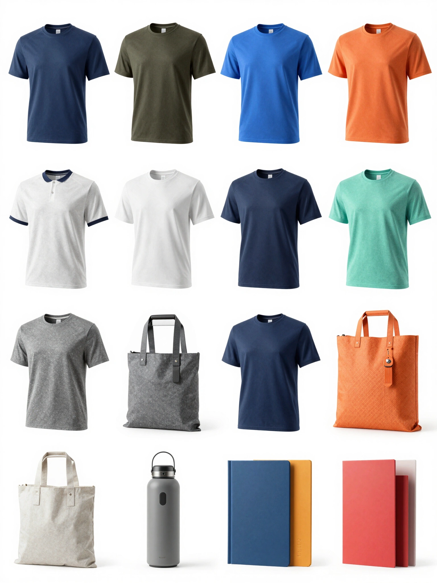 A collage of various branded promotional products, including hats, bags, umbrellas, and more, with customizable logo spaces and a mix of colors and textures.