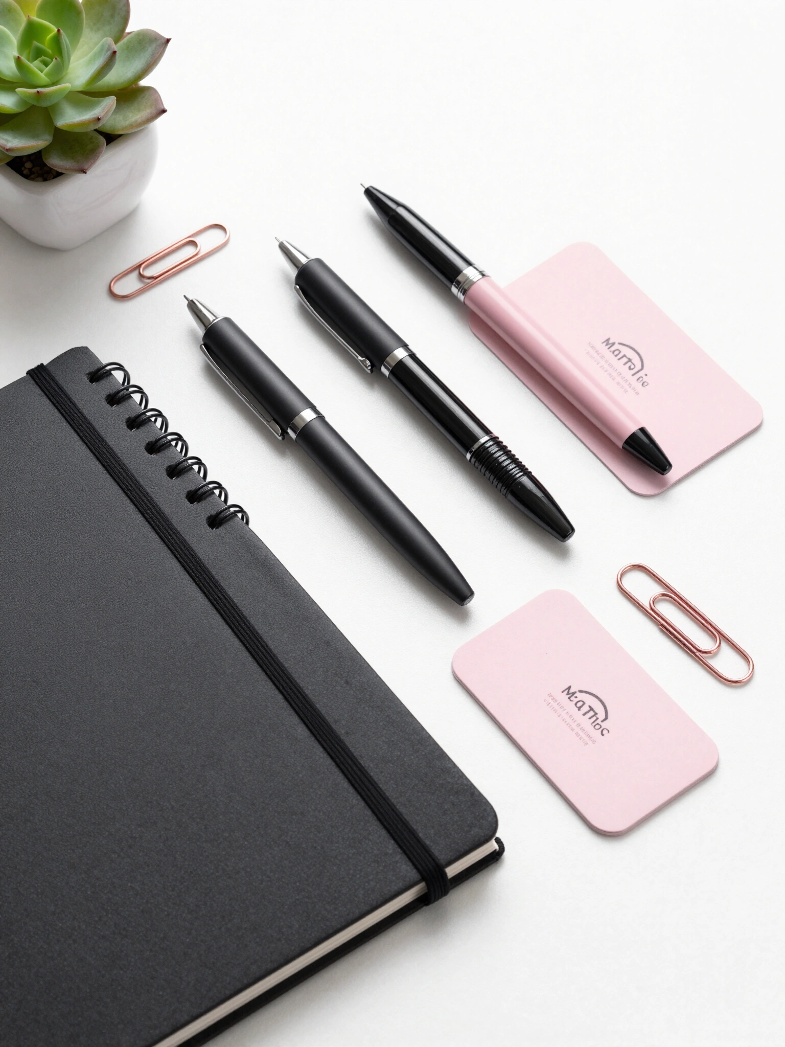 Customized stationery set with pink notebook, black and pink pens, business card, and rose gold paper clips on a white background