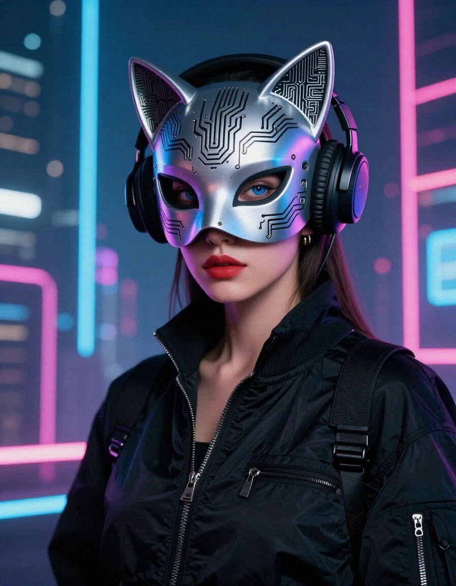Woman in silver cat mask and black outfit with neon city lights