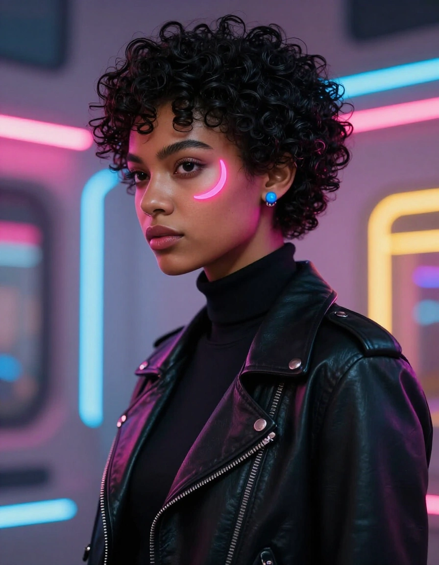 A dark-skinned woman with a short, curly hairstyle and a black leather jacket gazes intensely to the left, adorned with a neon pink crescent on her cheek and a small blue earring, against a blurred neon-lit background.