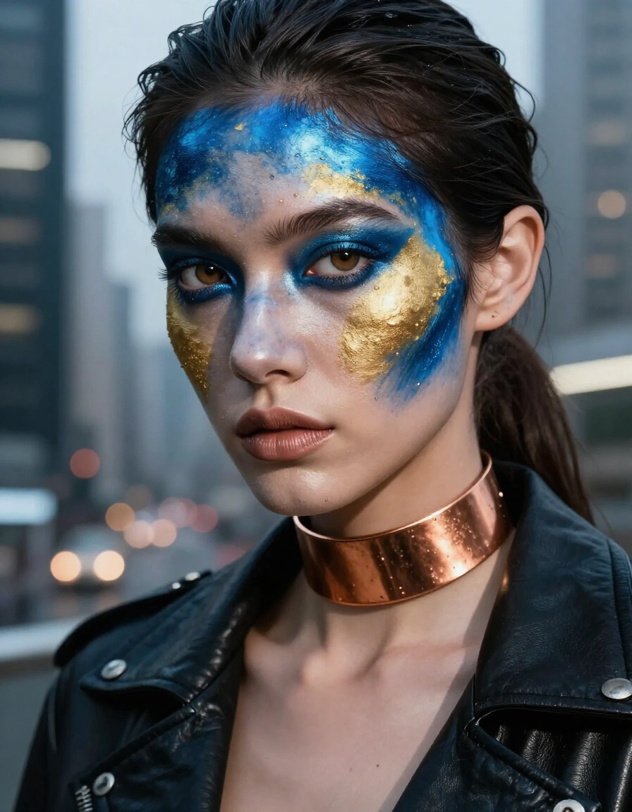 Woman with blue and gold face paint, wearing black leather jacket and copper neckpiece, set against a cityscape background.