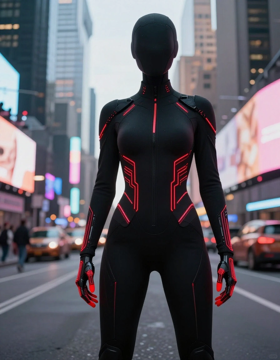 Model wearing a black bodysuit with red LED circuitry and accents standing in a bustling city street.