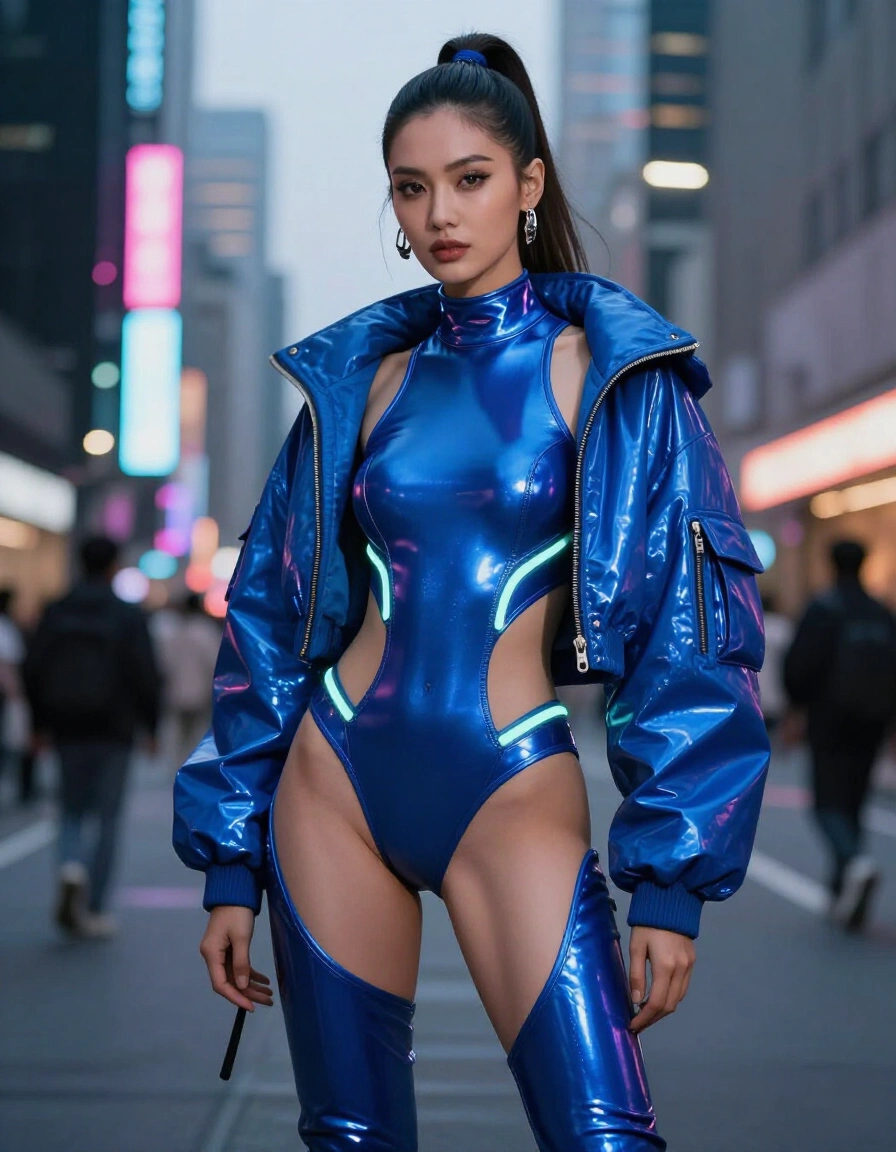 Woman in metallic blue bodysuit and jacket standing in neon city street