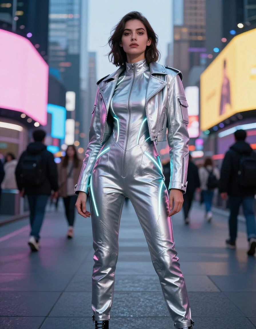 Woman in silver jumpsuit and leather jacket standing in neon-lit city at dusk