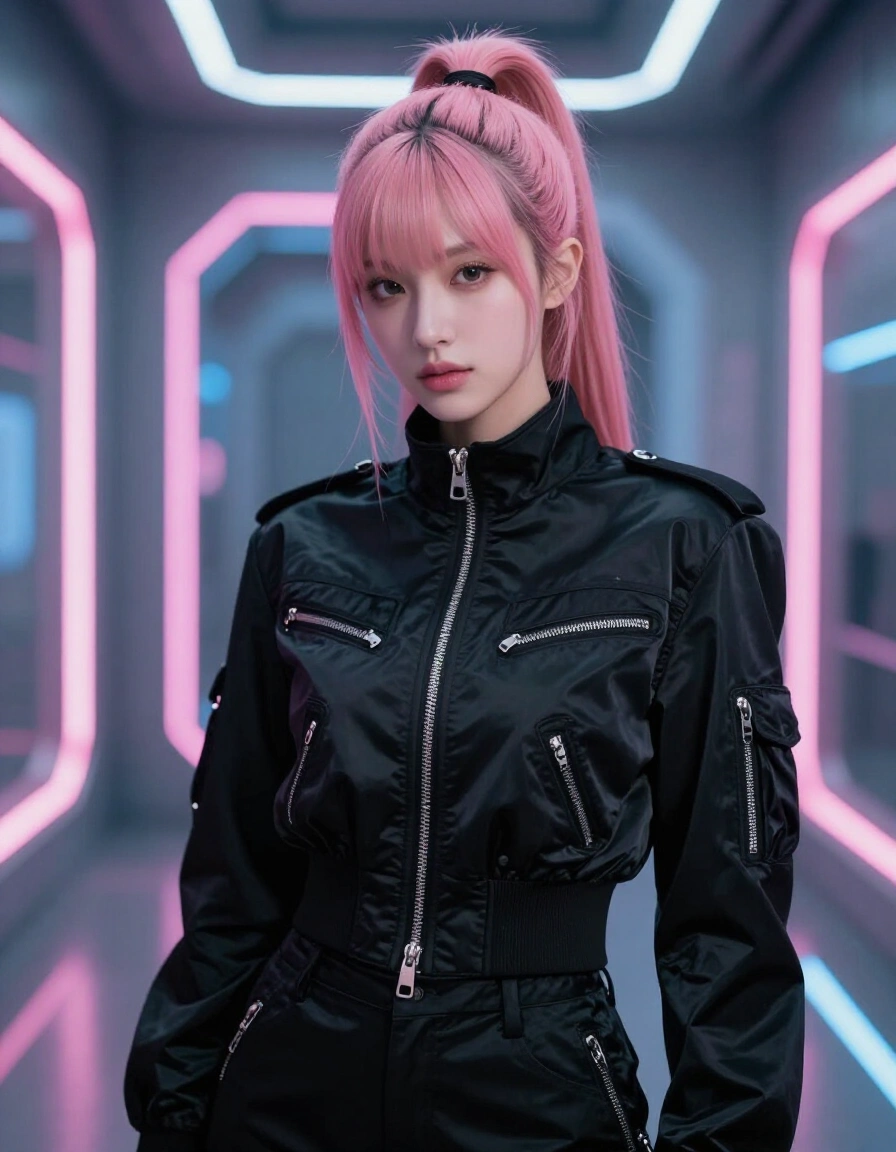 A young woman with pink hair in a high ponytail wears a black satin jacket with silver zippers, standing in a neon-lit corridor with a neutral expression.