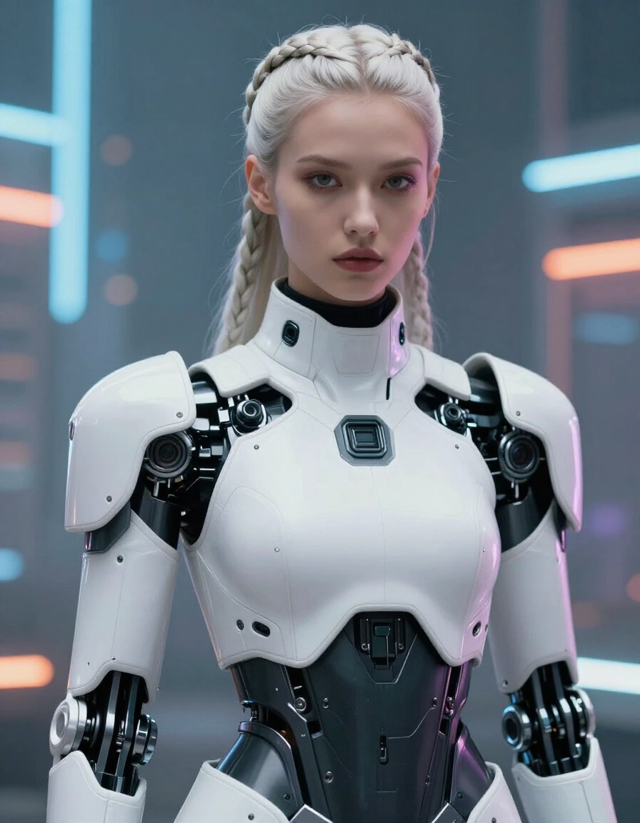 Futuristic female model in white robotic armor with braided blonde hair against a neon city background