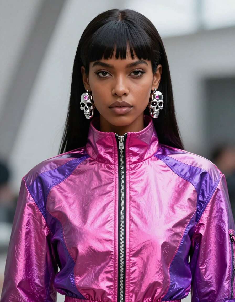 Woman wearing pink metallic jacket and silver skull earrings, embodying cyberpunk streetwear style.