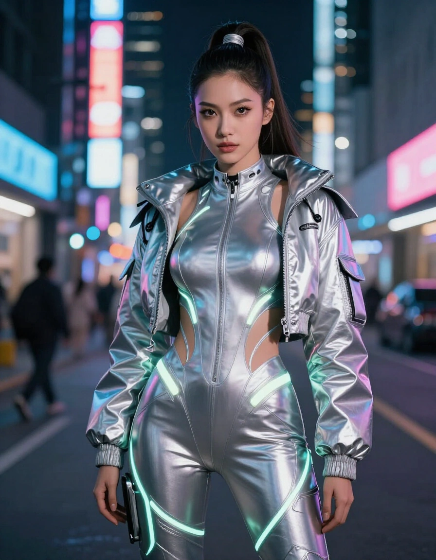 Woman in silver futuristic outfit standing in neon city street