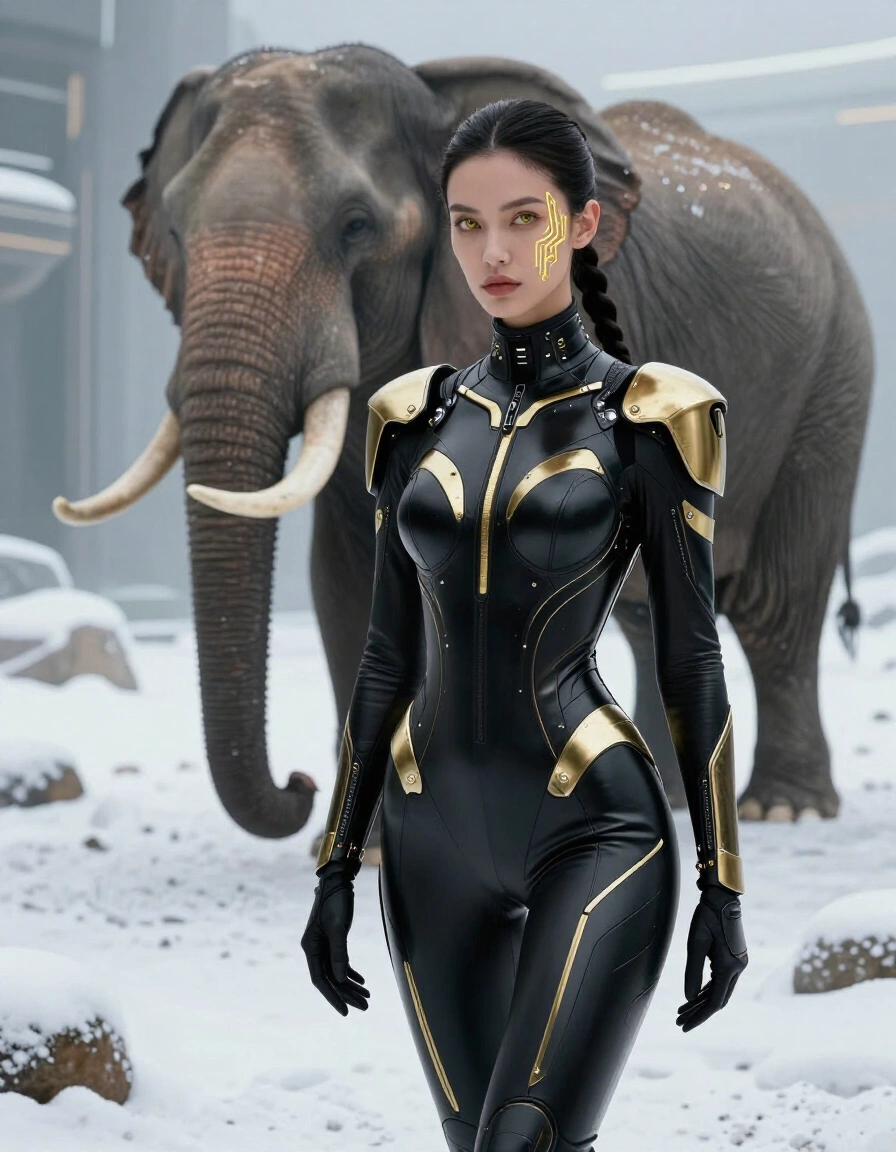Woman in futuristic bodysuit standing in front of an elephant in the snow