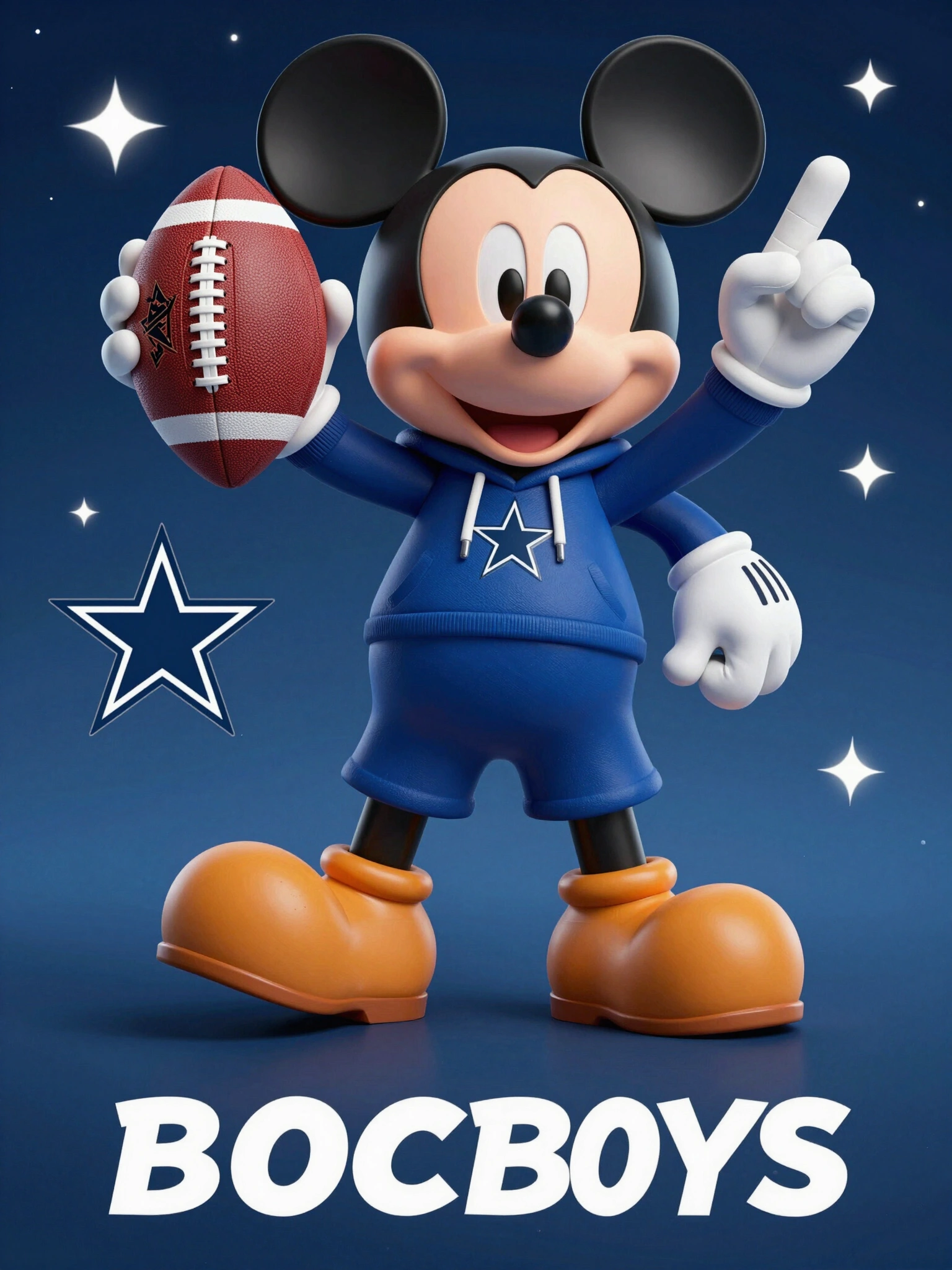 Mickey Mouse in a Dallas Cowboys outfit holding a football and pointing upwards against a cosmic backdrop with stars and sparkles.