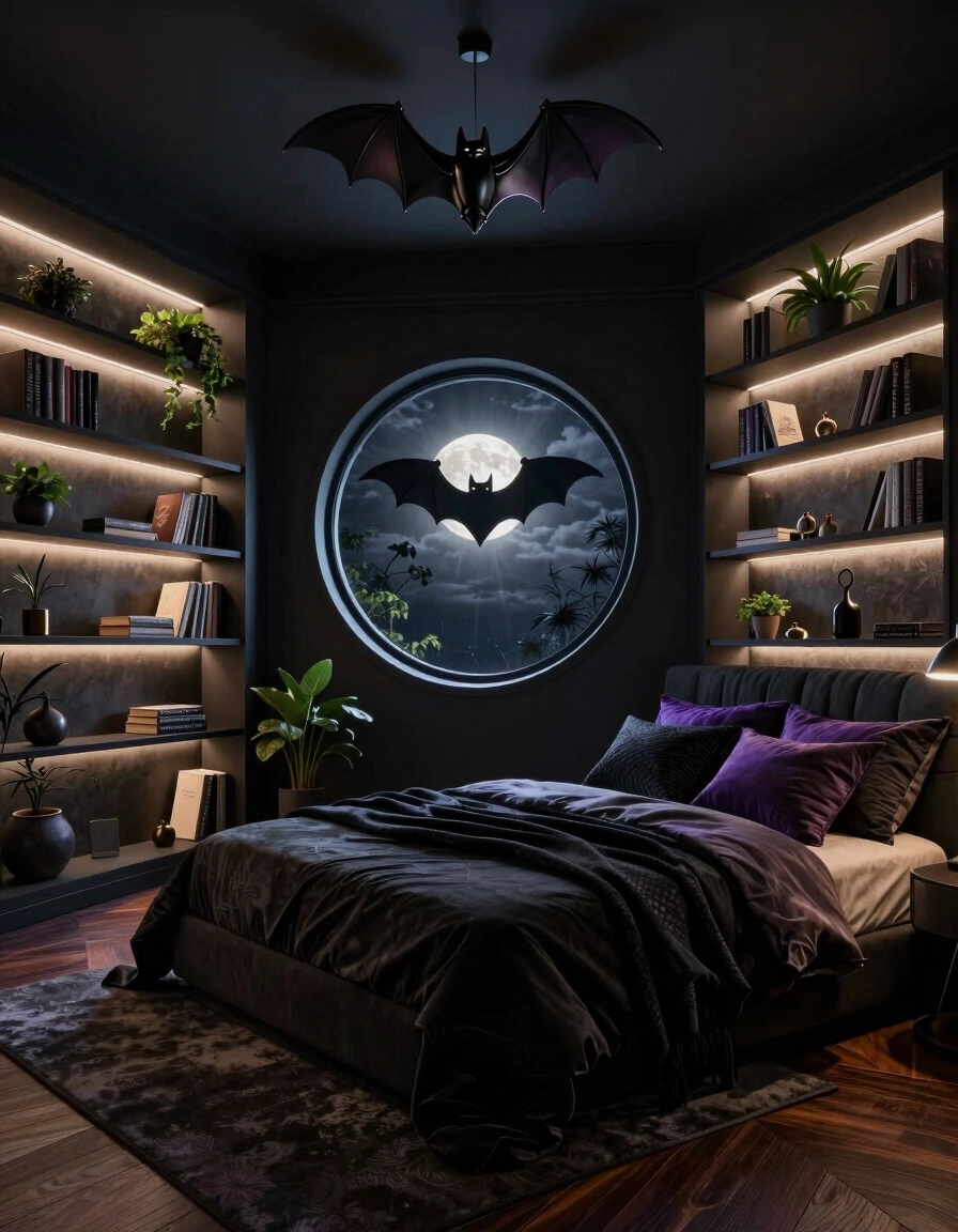 Modern dark bedroom with round bed and bat silhouette window