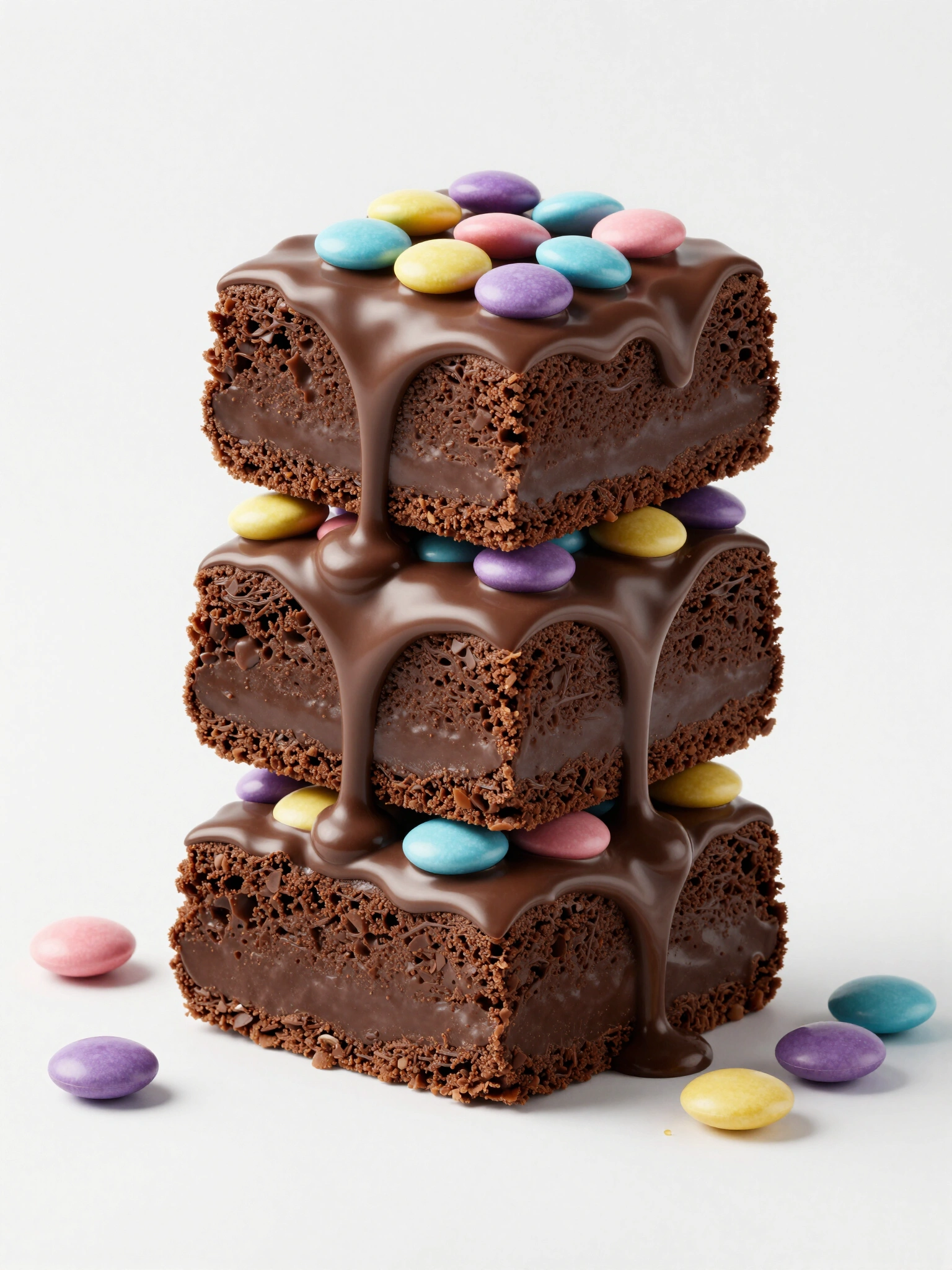 Stack of three brownies with chocolate glaze and colorful candies