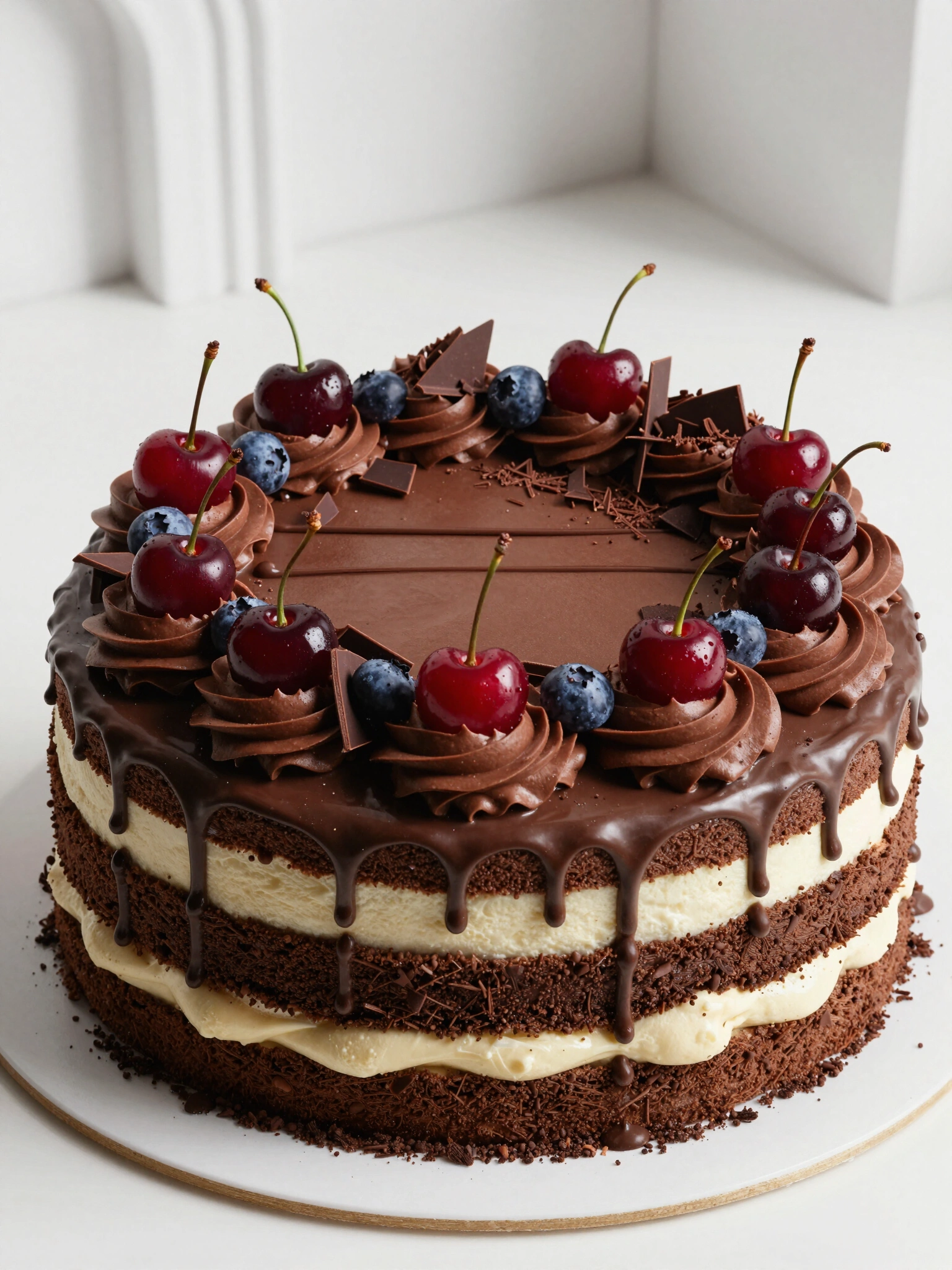 Hyper-realistic image of a decadent chocolate cake with multiple layers and rich chocolate frosting