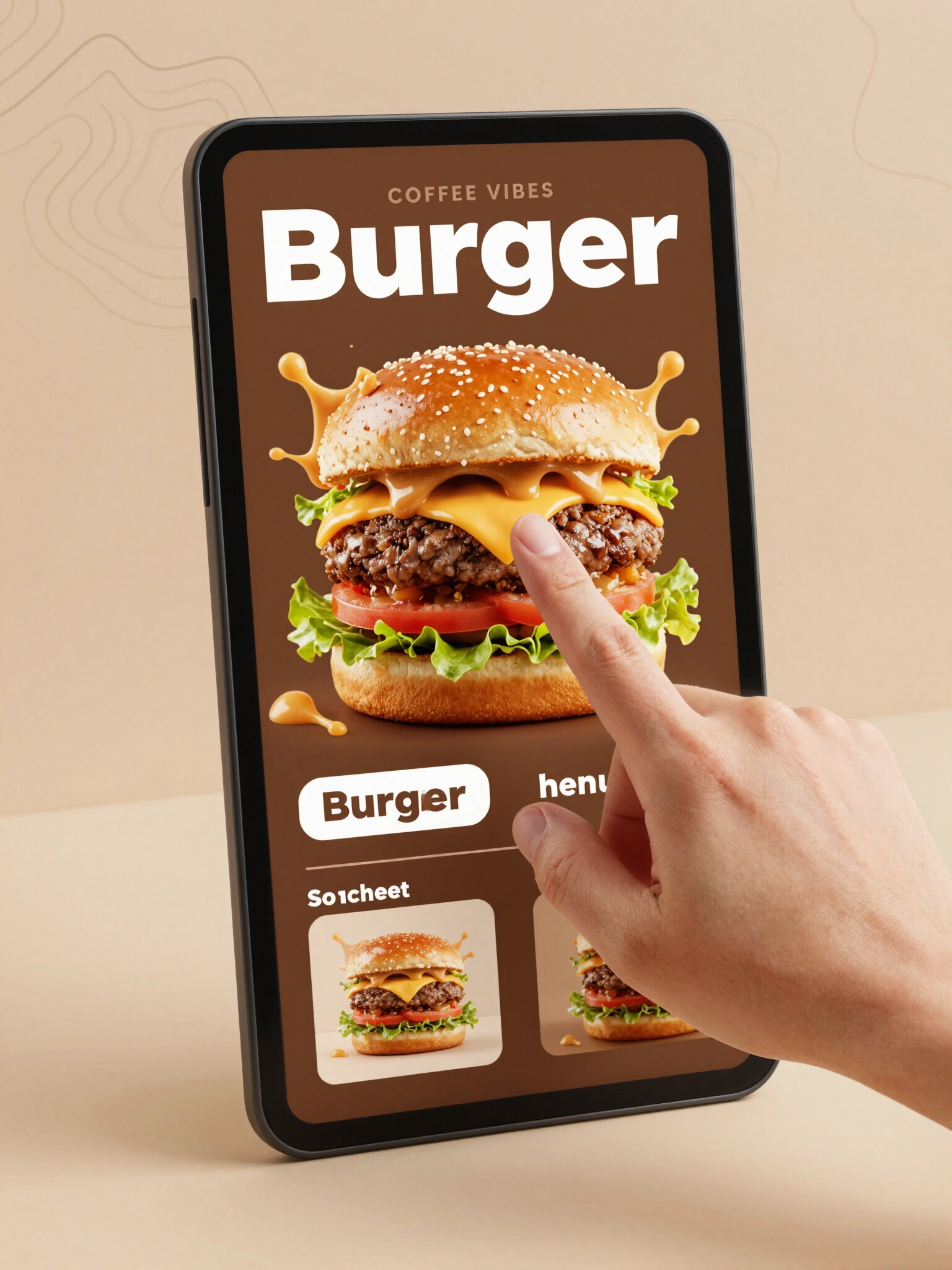 A hand pointing to a digital menu card with a burger image, against a beige background with a topographic pattern and a 'COFFEE VIBES' logo