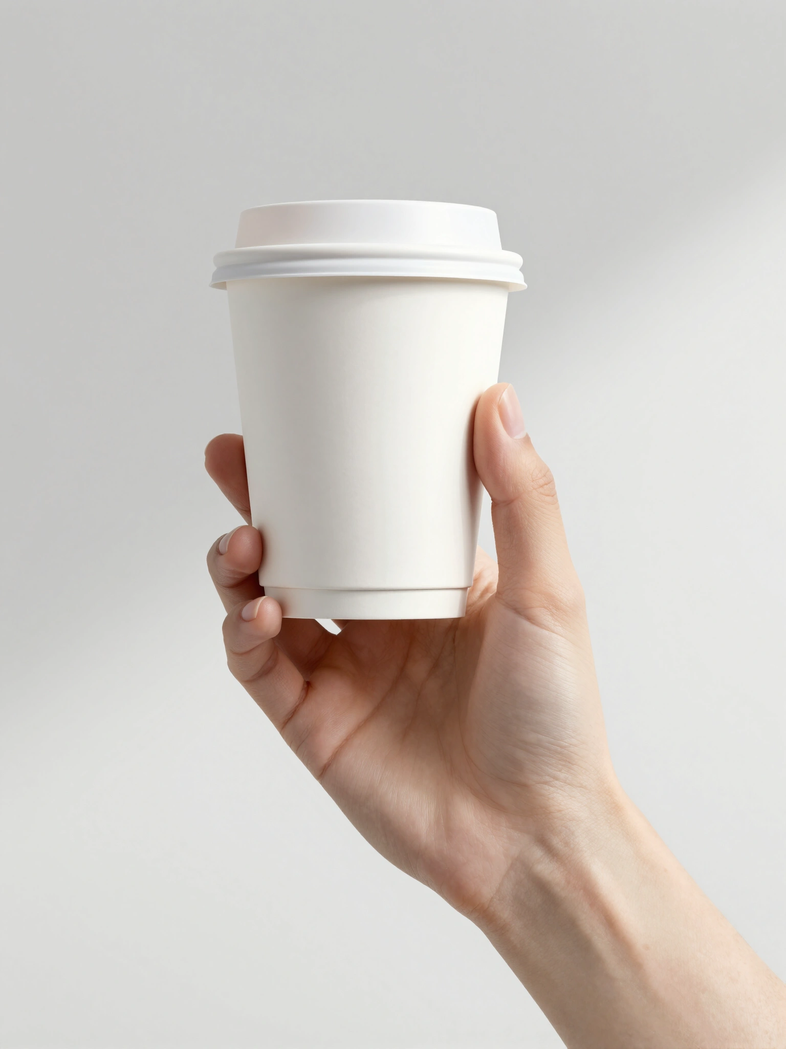 Hand holding white disposable coffee cup with lid against white background
