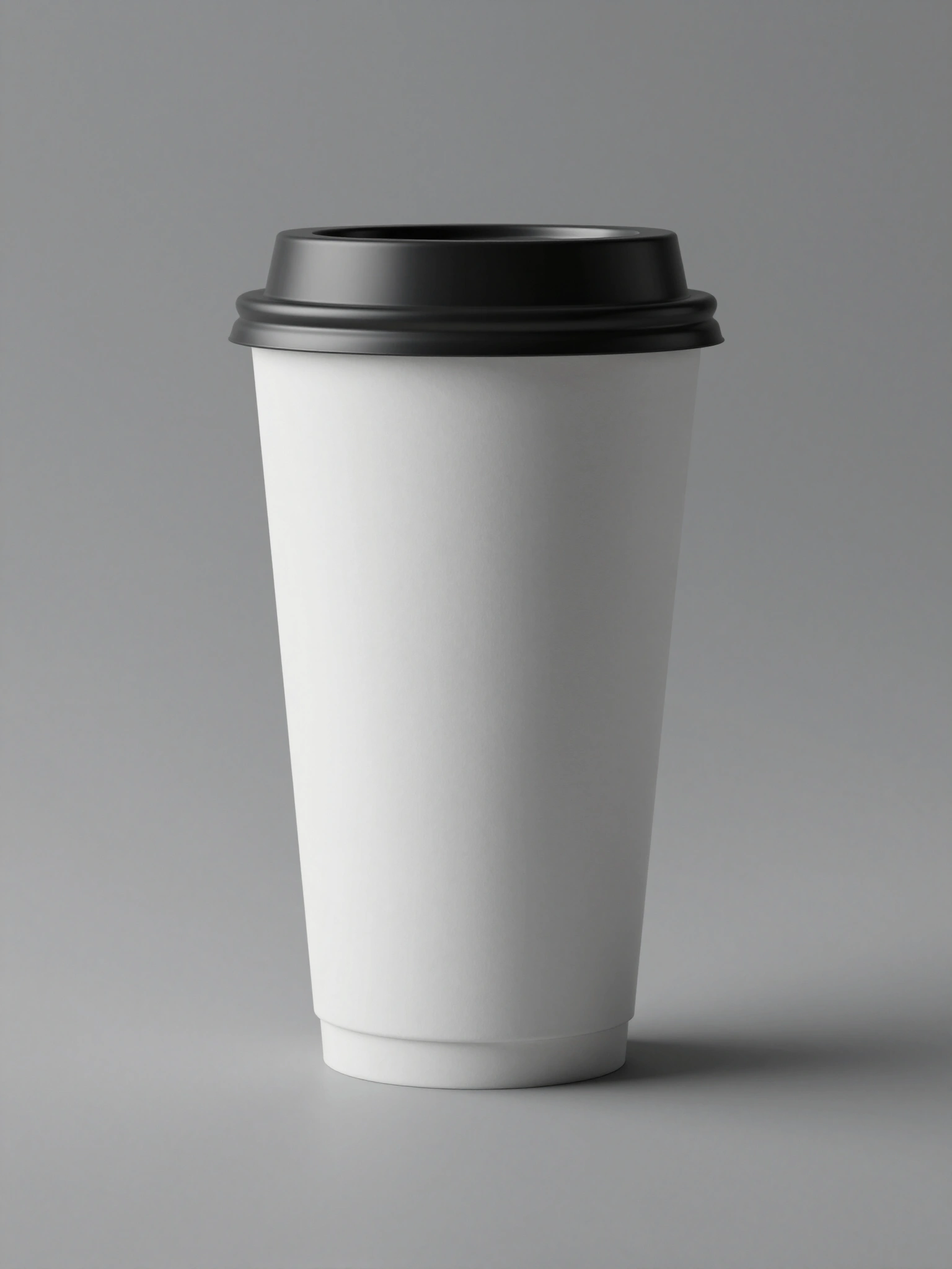 White coffee cup with black lid on gray background