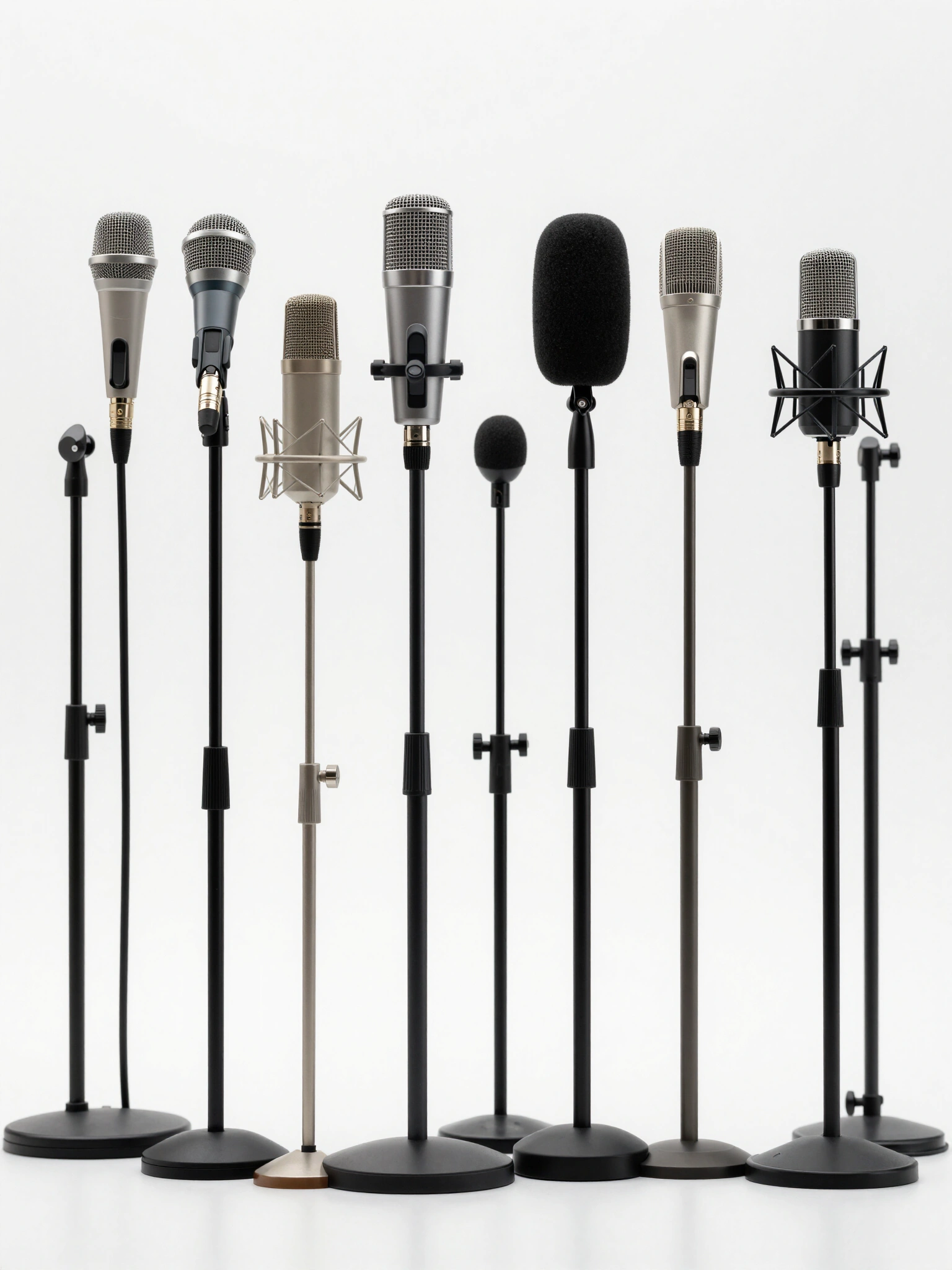 Array of microphones on stands with various designs and accessories against a white background.