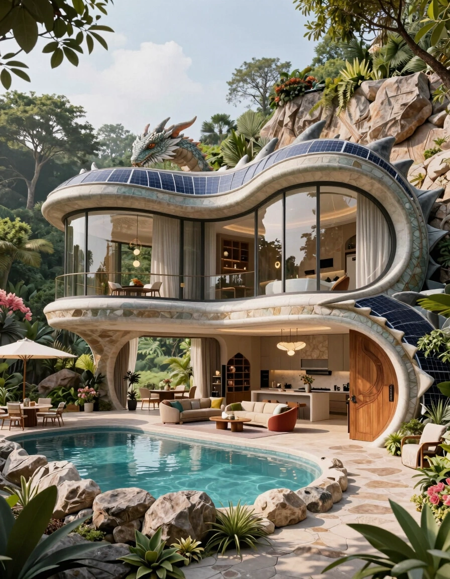 A modern, dragon-shaped house with a curved design and large windows, set amidst a rocky hillside with a pool and outdoor seating area.