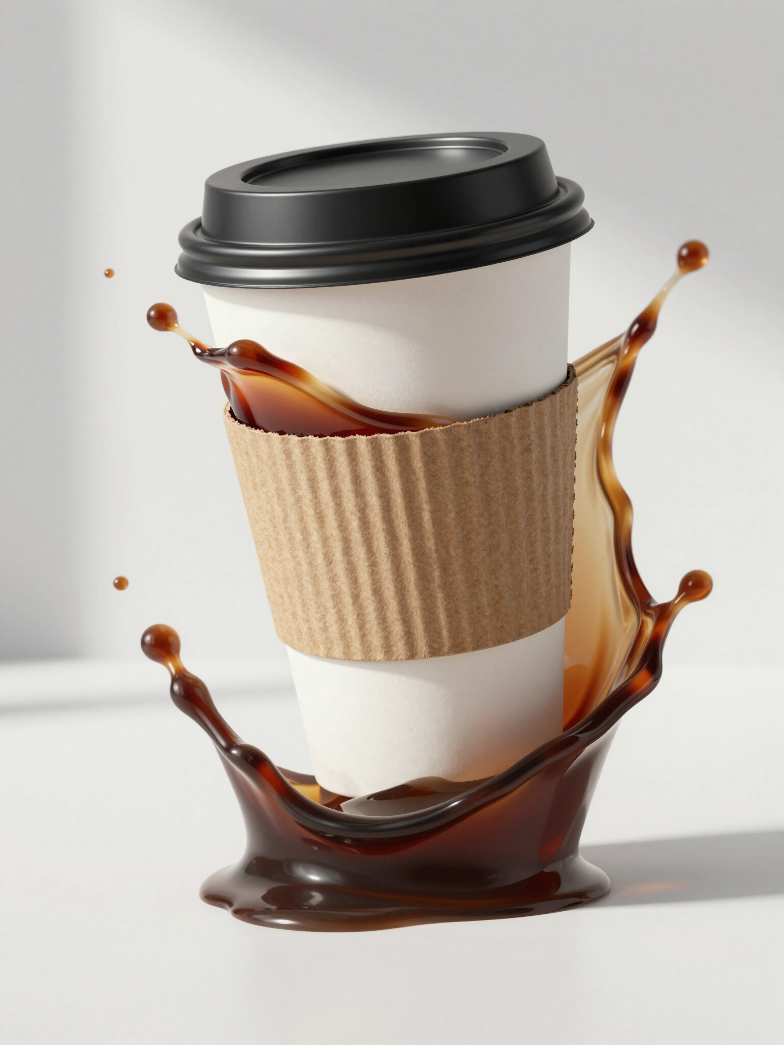 Disposable coffee cup with black lid and brown sleeve, surrounded by coffee splash