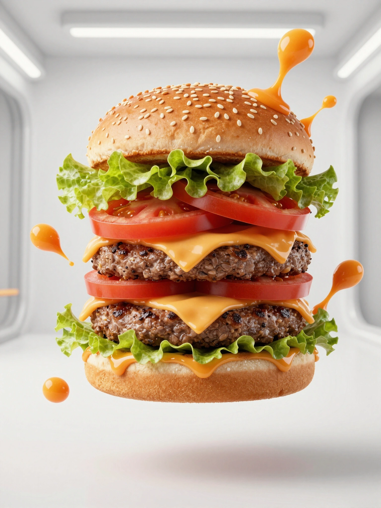 A double cheeseburger with sesame seed buns, lettuce, tomato, beef patties, and cheese, surrounded by splashing orange sauce on a white background.