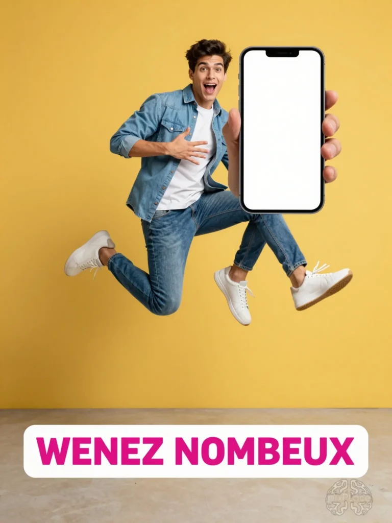 Young man in mid-air jump holding a blank smartphone screen on a yellow background