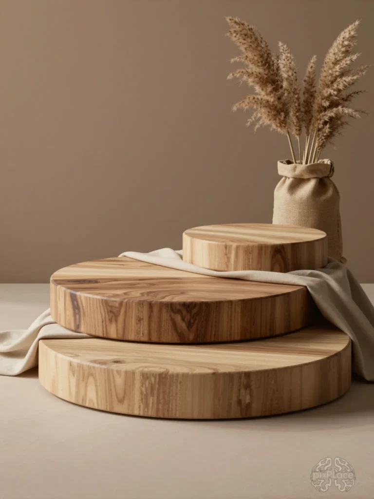 Minimalist product display with wooden platforms and dried pampas grass
