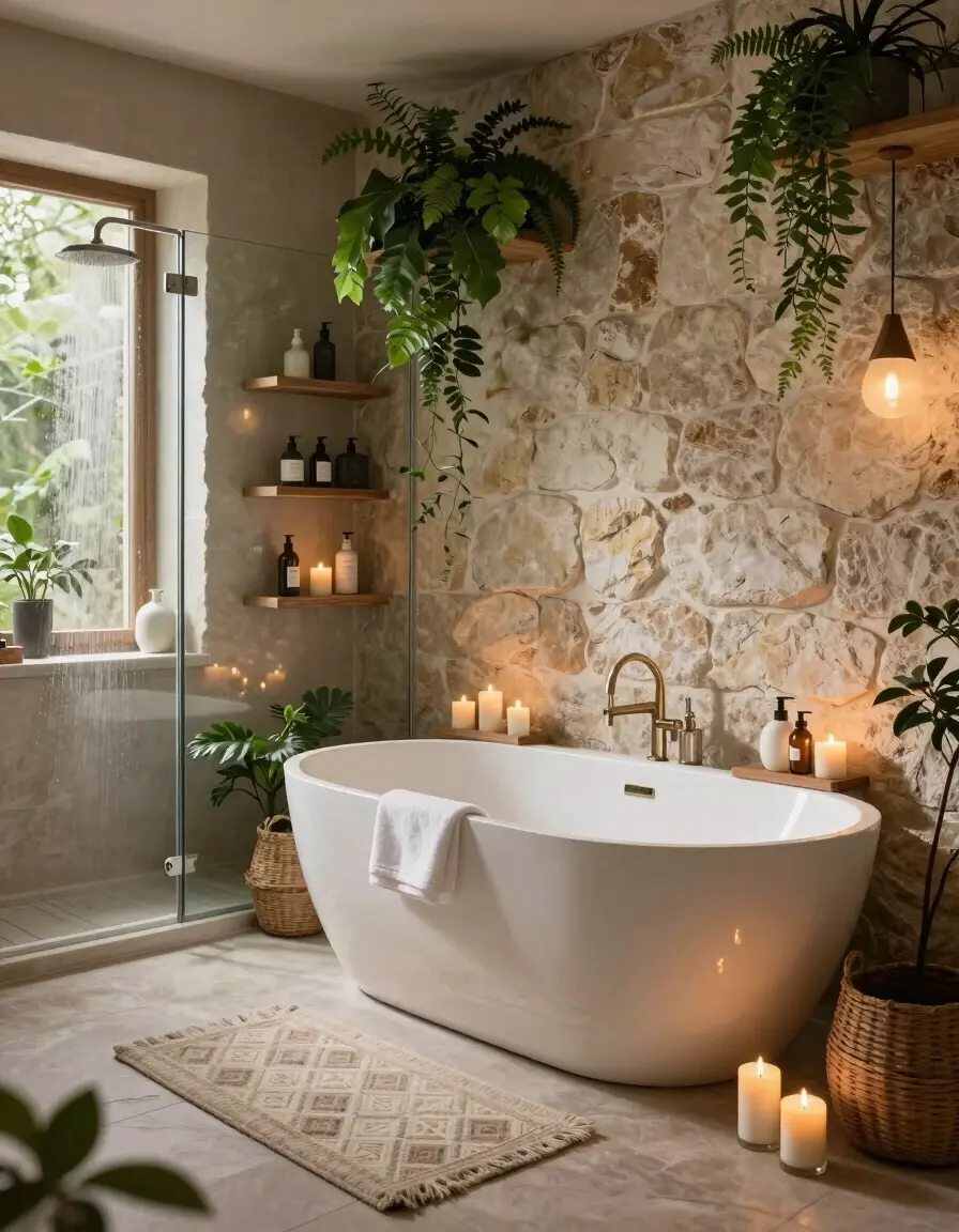 Serene bathroom with freestanding tub, lush plants, and natural textures, creating a spa-like ambiance.