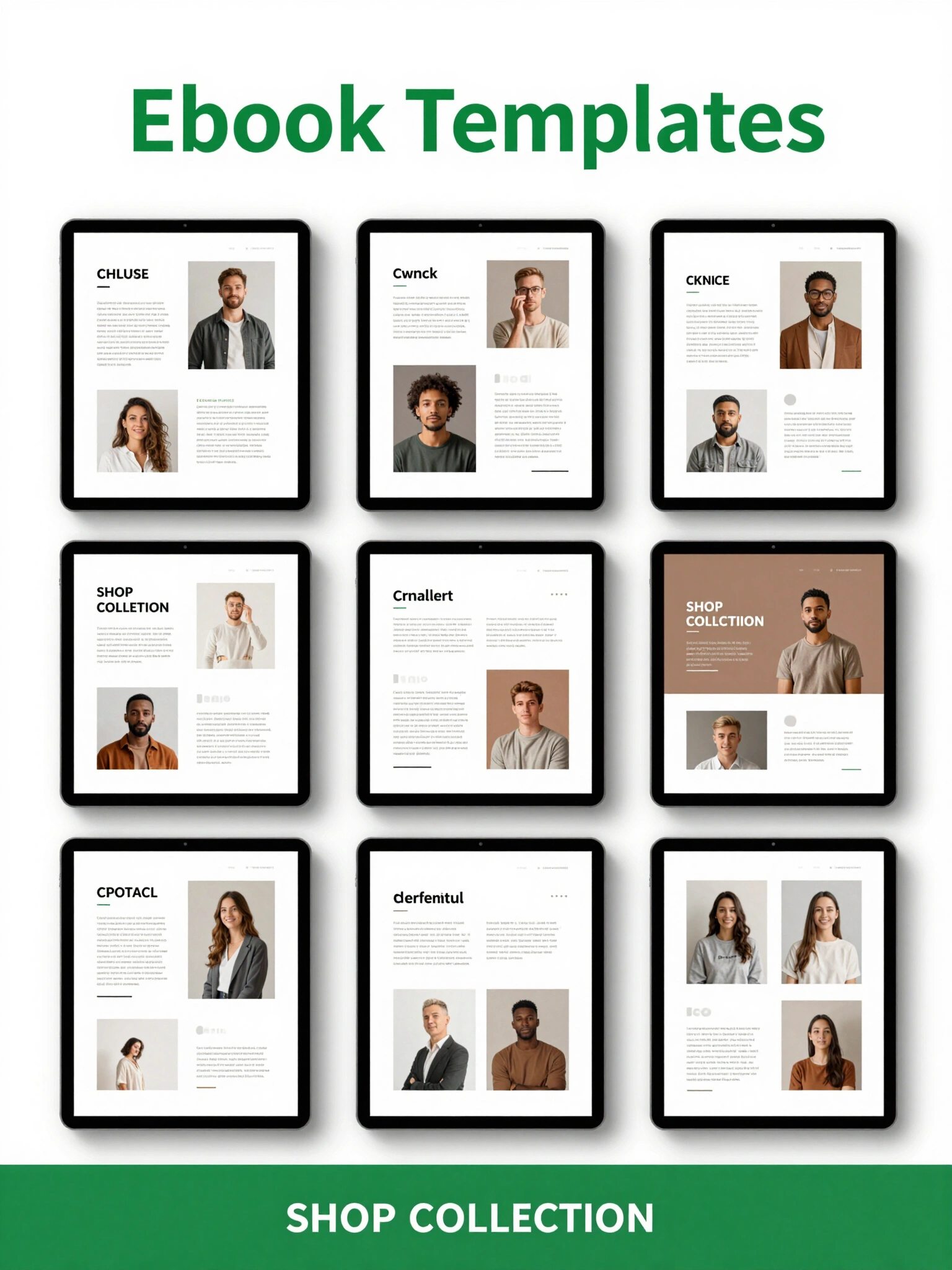 A collection of ebook templates with various designs and placeholder text and images