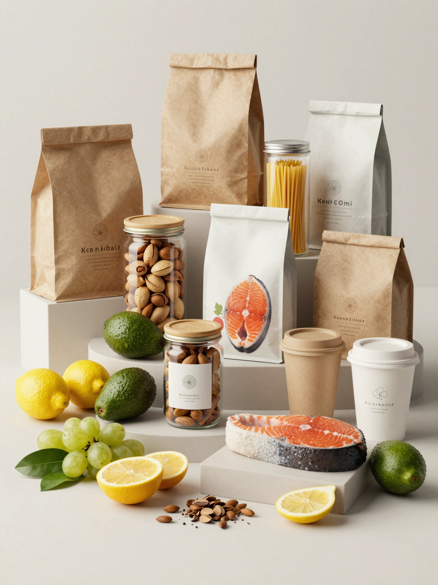 A curated selection of eco-friendly food items and packaging, emphasizing natural textures and sustainable branding