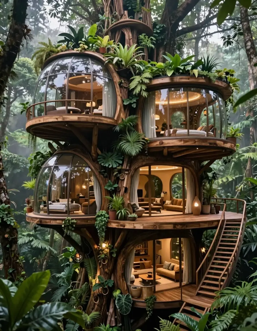 Futuristic treehouse complex with glass domes and wooden walkways, surrounded by lush forest foliage.