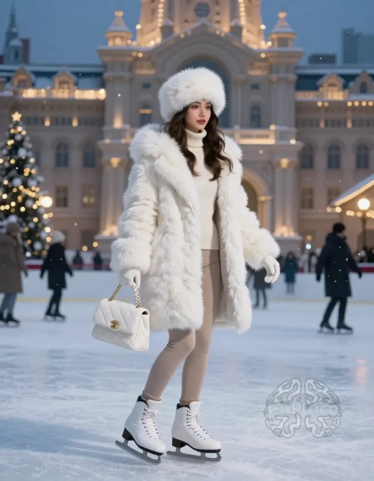 Collage of four women ice skating in different winter outfits, showcasing stylish and cozy fashion trends for the ice rink.